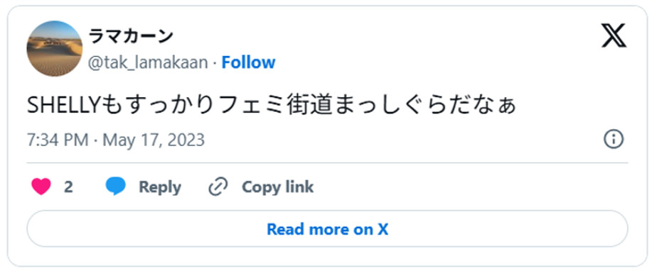 SHELLYもすっかりフェミ街道まっしぐらだなぁ(引用:Xより)