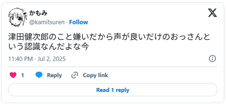 「津田健次郎のこと嫌いだから声が良いだけのおっさんという認識なんだよな今」(引用:Xより)