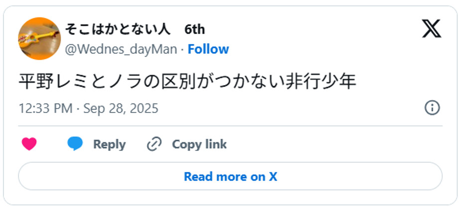 平野レミとノラの区別がつかない非行少年September 28, 2025 (引用:Xより)