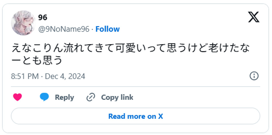 えなこりん流れてきて可愛いって思うけど老けたなーとも思うDecember 4, 2024 (引用：Ｘより)