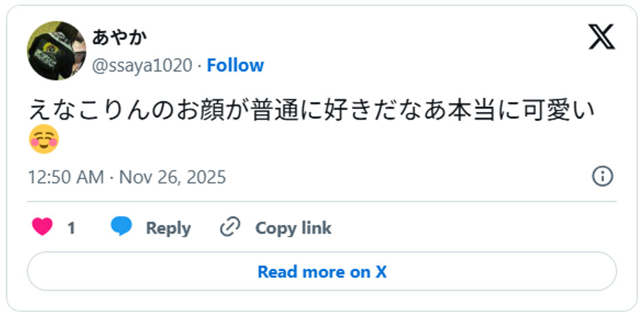 えなこりんのお顔が普通に好きだなあ本当に可愛い☺️ November 25, 2025 (引用：Ｘより)