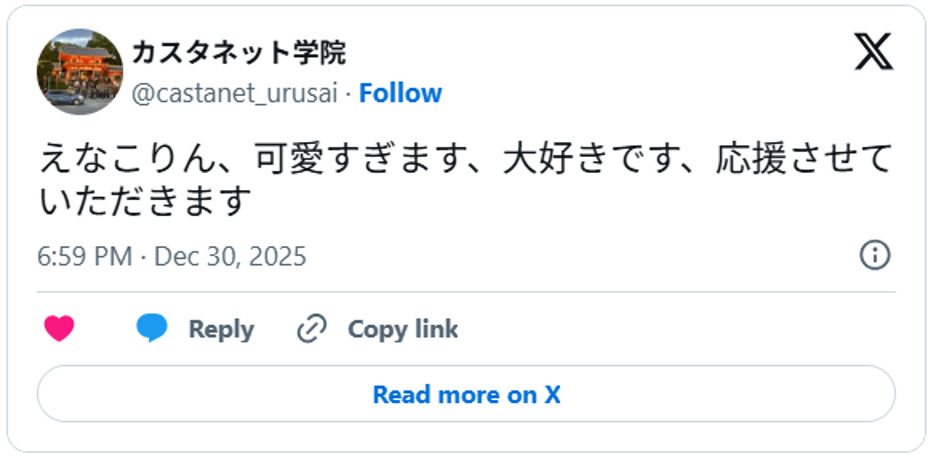 えなこりん、可愛すぎます、大好きです、応援させていただきますDecember 30, 2025 (引用：Ｘより)