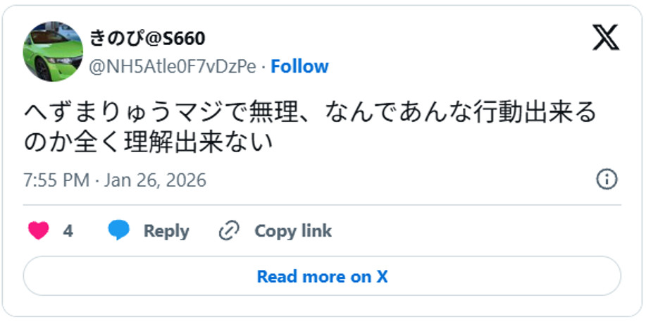へずまりゅうマジで無理、なんであんな行動出来るのか全く理解出来ないJanuary 26, 2026 (引用:Xより)